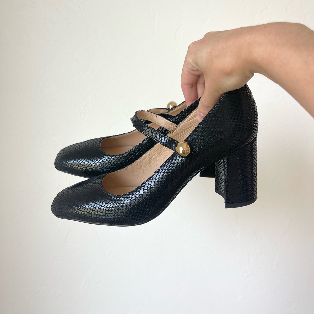 J. Crew Maisie Mary Jane Black Snake Embossed Italian Leather Heels Shoes Size 7